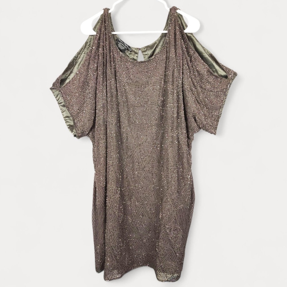Pisarro Nights 20W Beaded Silk Cold Shoulder Dress Plus Size Taupe Formal Party